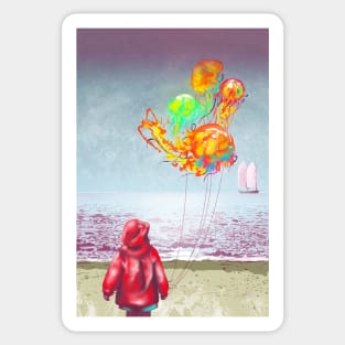 The Seashore child with jellyfish balloons and a lavender ocean Sticker